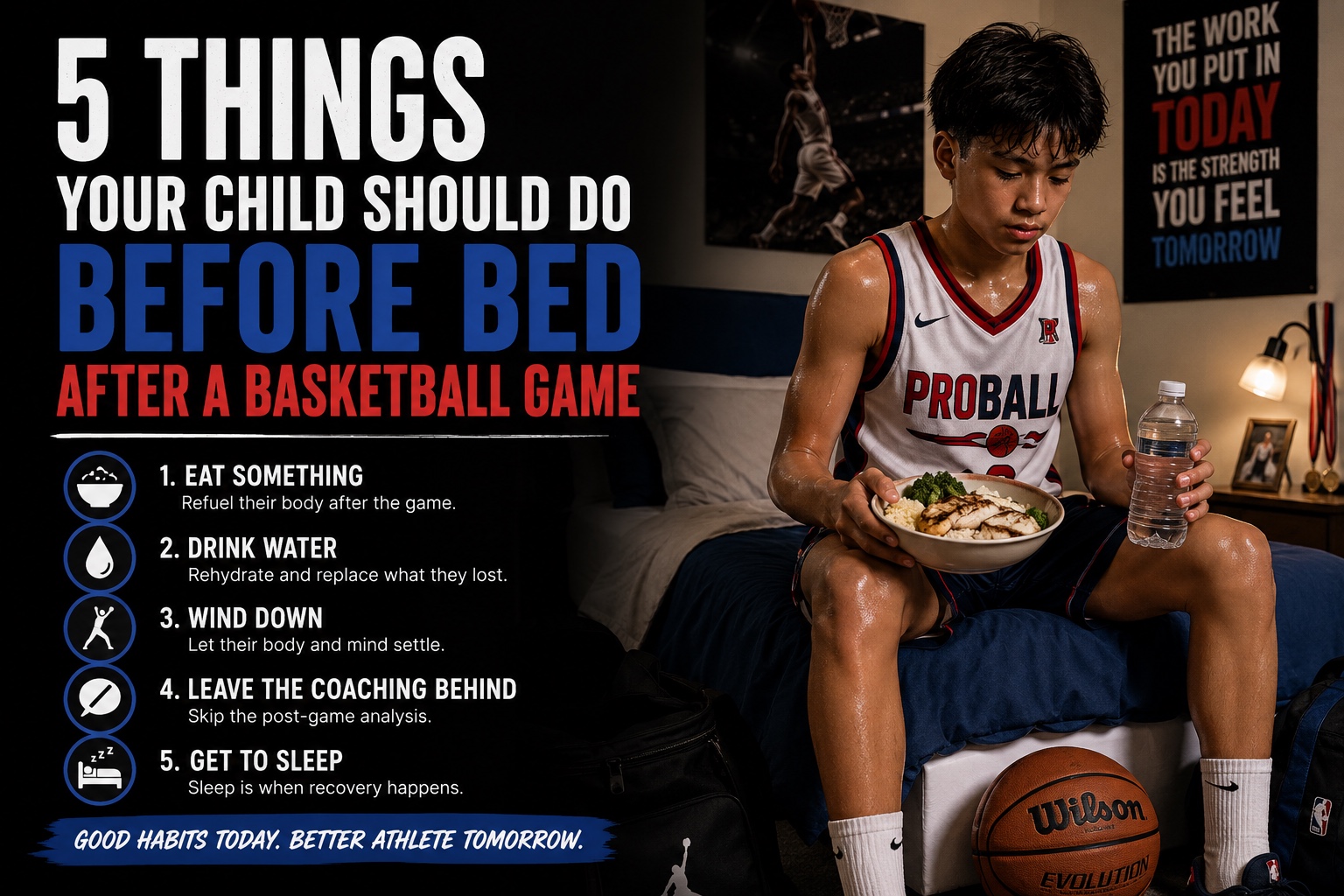 Young basketball player recovering after a game with a healthy meal and water, illustrating five post-game recovery habits for kids including eating, hydration, winding down and getting enough sleep.